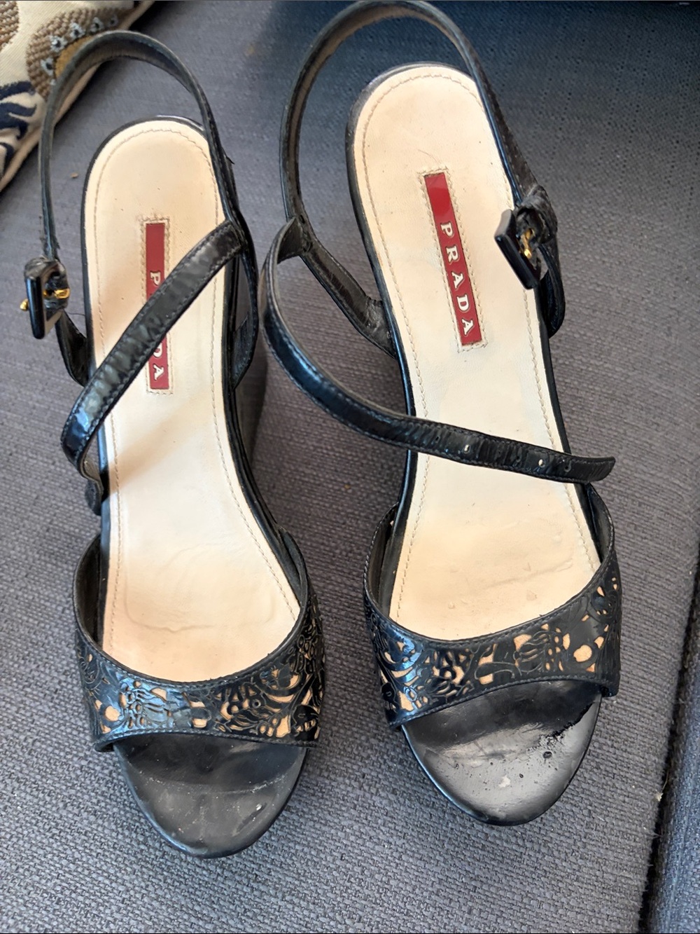 Prada Black Laser-Cut Leather Slingback Heels